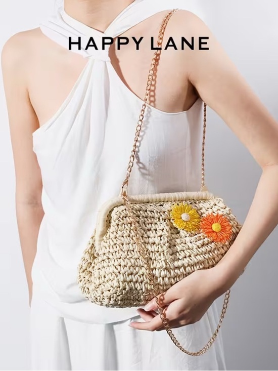 Happy Lane Beige Woven Straw Daisy Flower Clasp Crossbody Bag Gold Chain NWT - Picture 5 of 9